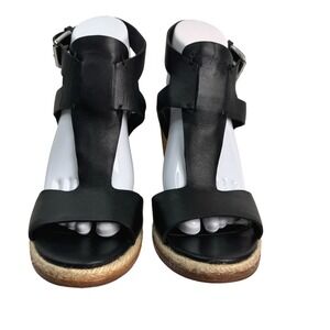 Sigerson Morrison‎ Women's Black Leather Cork Wedge Espadrille T Strap Sandals 9